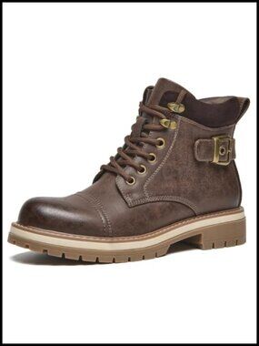 Women's Ankle Combat Boots PU Leather Belted Buckle Moto Booties